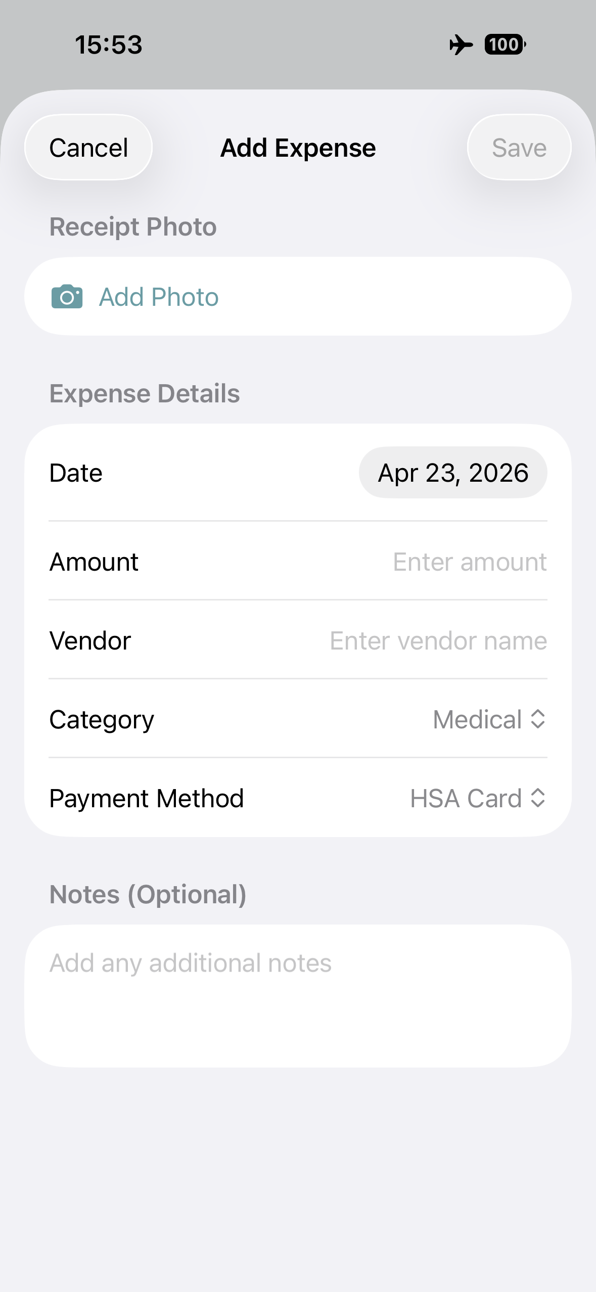 HSA Vault Add Expense screen