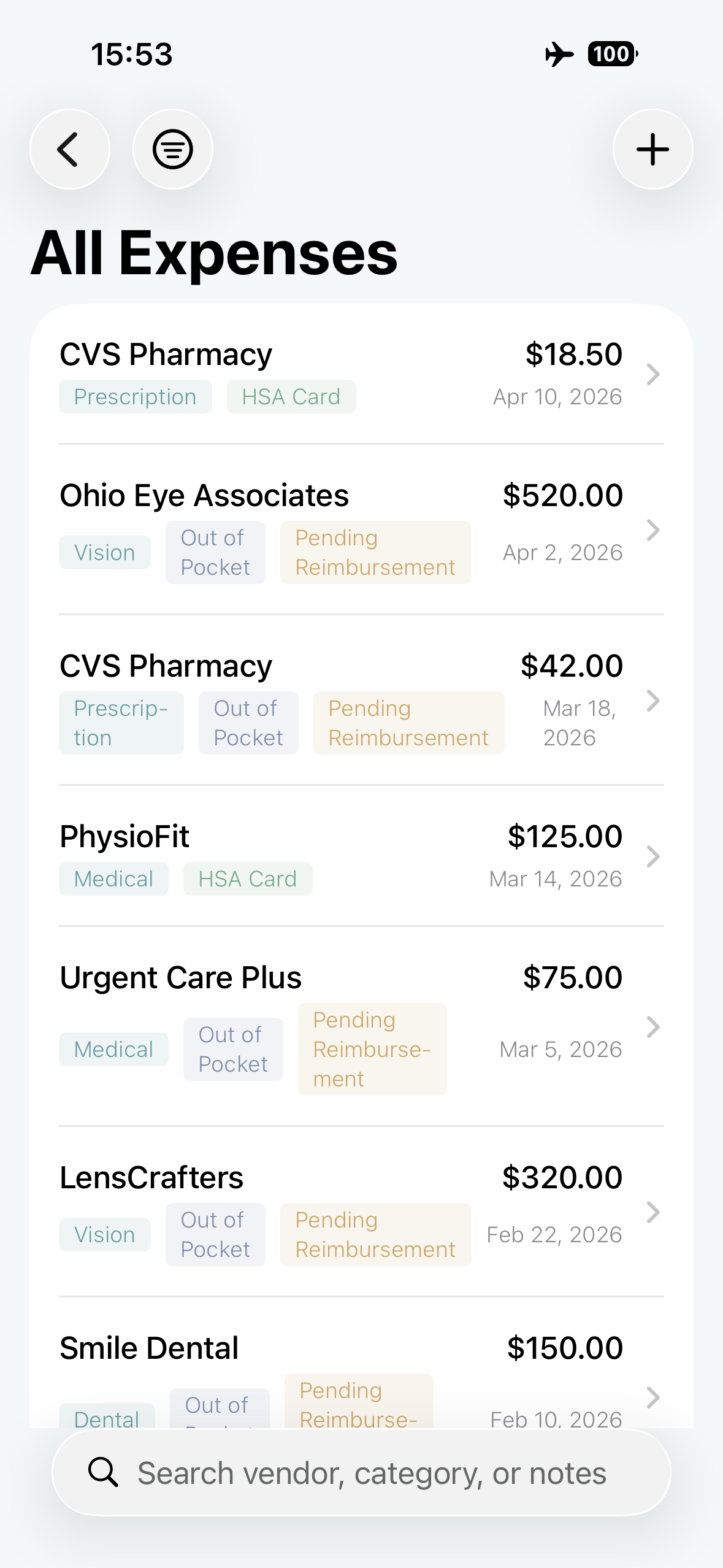 HSA Vault All Expenses screen