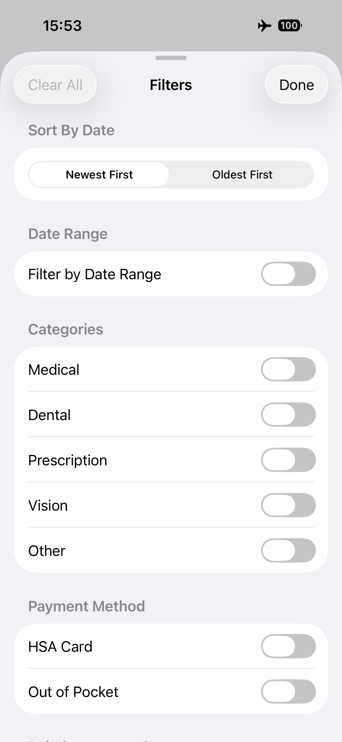 HSA Vault Filters screen